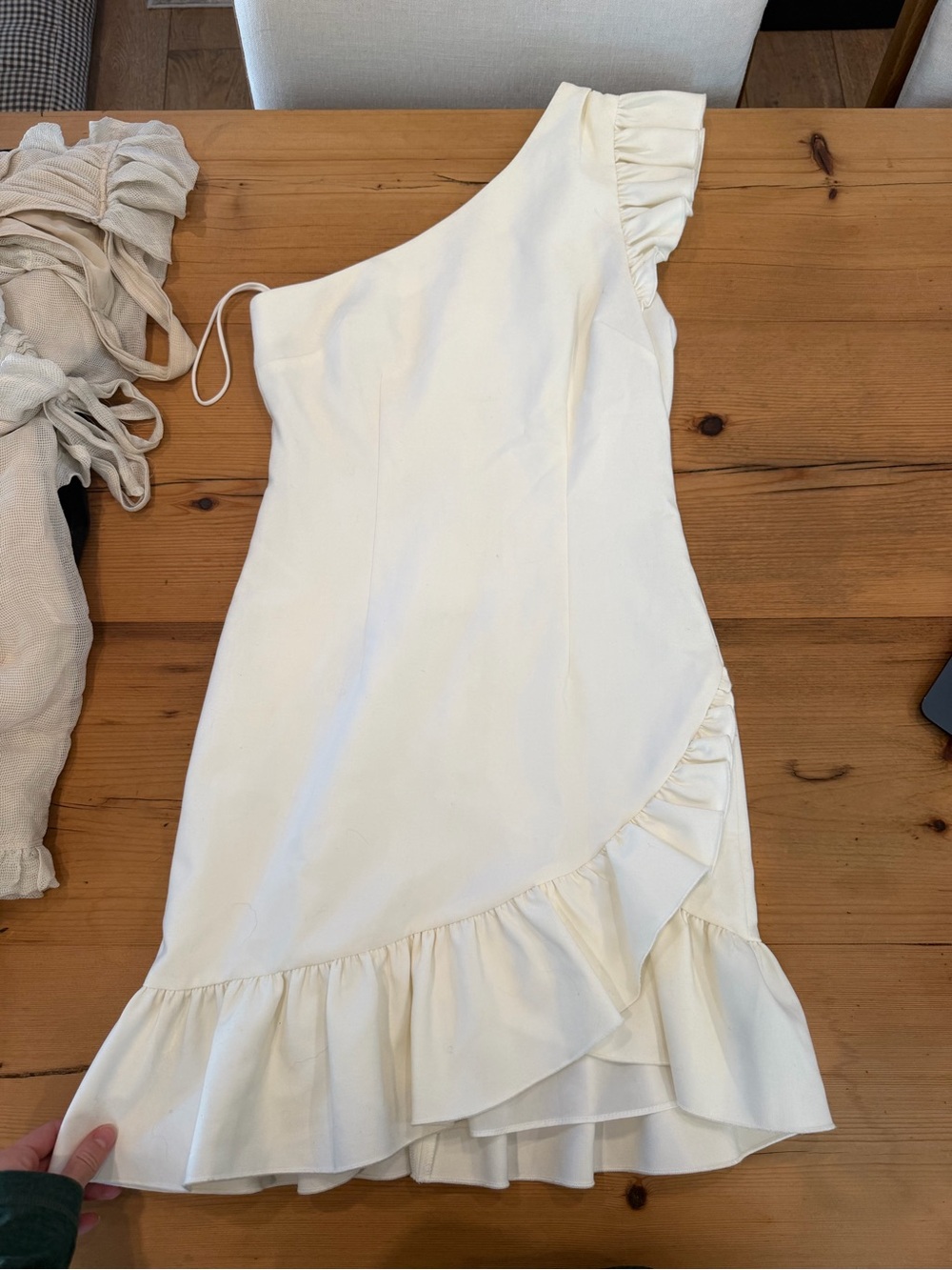 cinq a sept One-Shoulder Ruffle Mini Dress in Cream